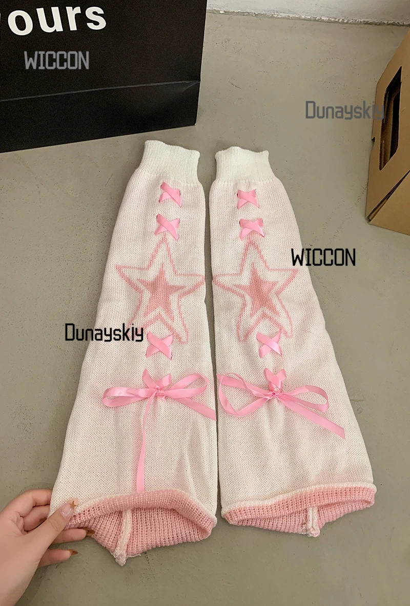 Y2K Star Print Leg Warmers - Black/White/Pink Kawaii Socks for JK Lolita Fashion Adjustable Ribbon Tie Christmas Halloween Gift