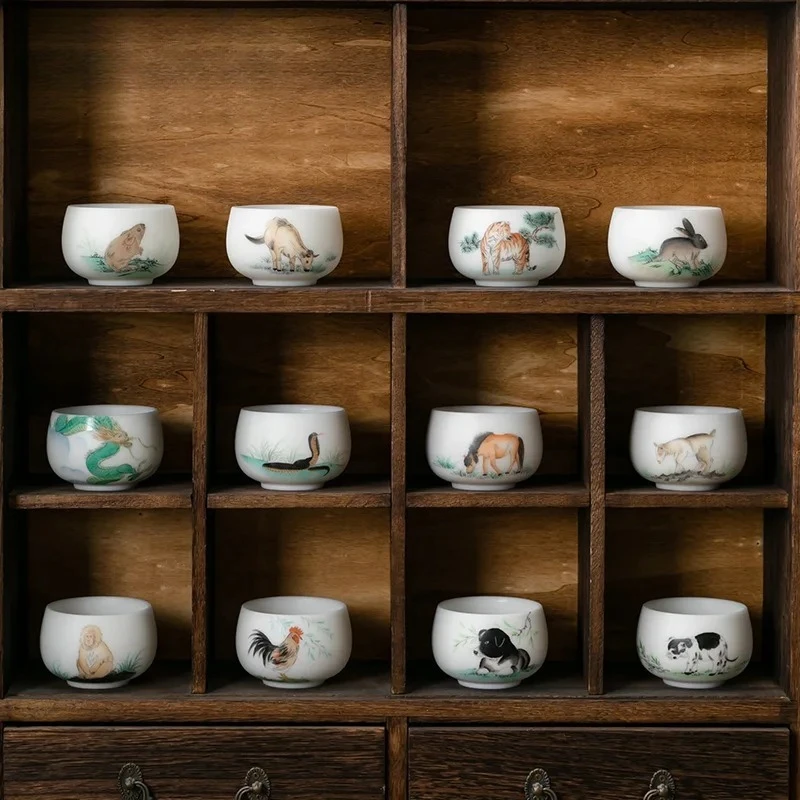 

160ml Handamde Iced Sheep Fat Jade Porcelain Tea Cup Twelve Zodiac Dragon Master Cup Tea Bowl Chazhan High-end Coffee Mug Gifts