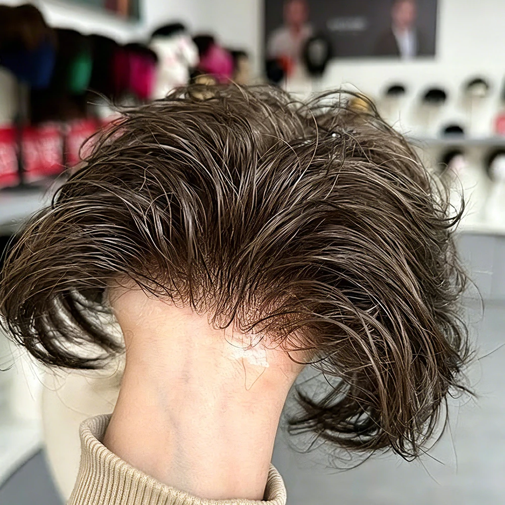 6Inches Brown Grey Mixed Men's Human Hair V-Loop Toupee Thin Skin 0.06mm Poly Undetectable Capillary Prosthetic Natural Hairline