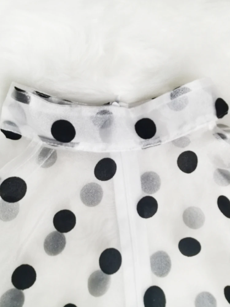 Sexy See Through Blouse and Tops Polka Dot Sashes Waist Slim Ruffles Blouses High Collar Zipper Organza Top 2020 Fashion Female