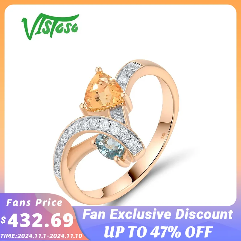 

VISTOSO Pure 14K 585 Rose Gold Ring For Women Sparkling Diamond Citrine Blue Topaz Anniversary Wedding Cozy Stylish Fine Jewelry