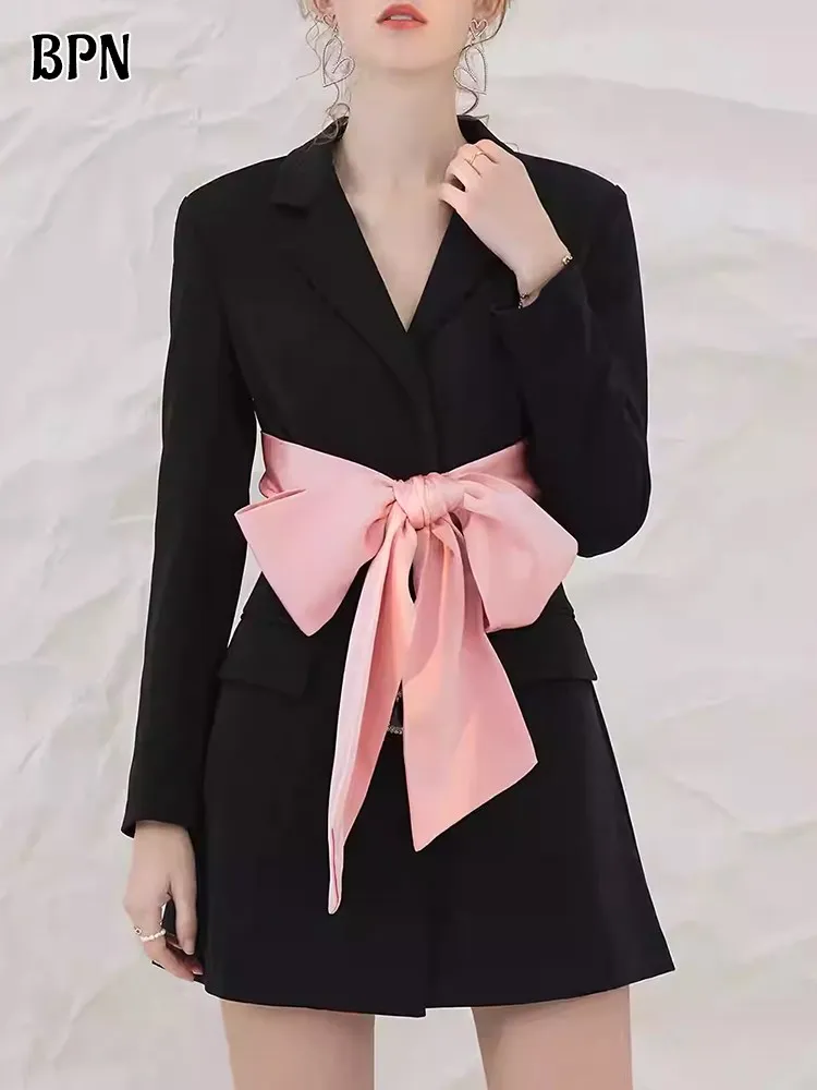 

BPN Fashion Patchwork Bowknot Party Blazers For Women Notched Collar Long Sleeve Hit Color Slimming Elegant Blazer Female Style