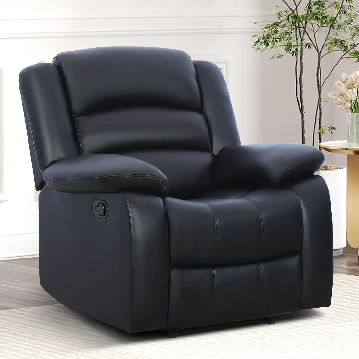 Manual Recliner Chair, Faux Leather Overstuffed Arm & Back Classic Single Sofa for Living Room & Bedroom, Black, Customized