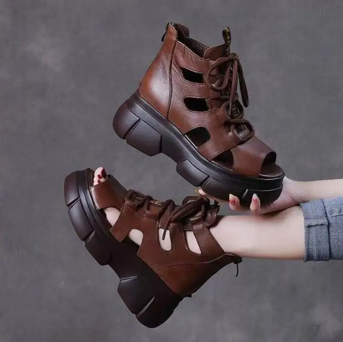 

Wedge Heel Thick-Soled Roman Shoes Leather Sandals 2026 Summer New Fish Mouth Peep Toe Shoes Women's Sandals