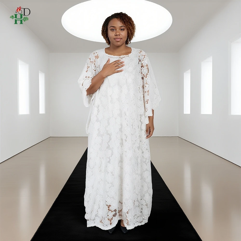 

2025 New Elegant African White Clothes Women's Lace Wedding Party Church Robe Bubu Gown Plus Size Muslim BouBou Djellaba Kaftan