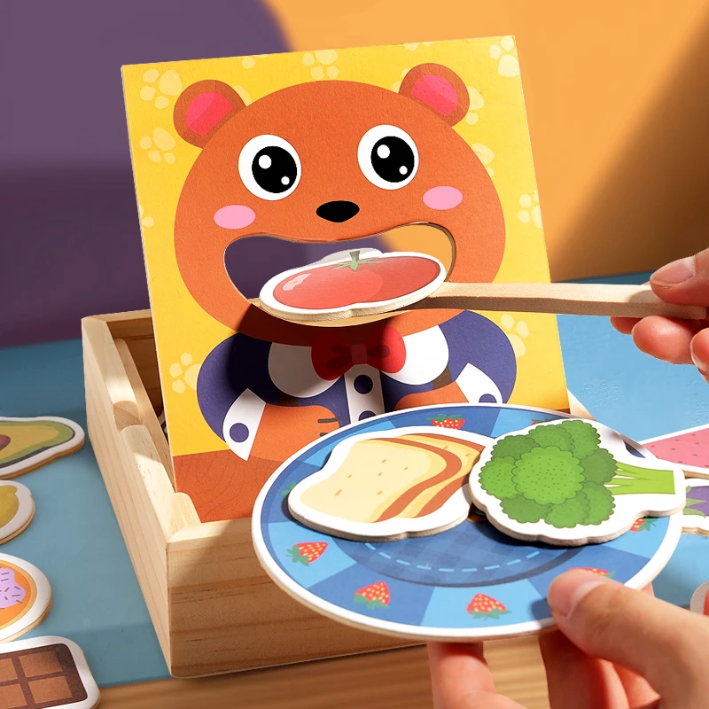 Juego de alimentación de oso en caja de madera simulada para educación infantil, entrenamiento de motricidad fina, cognición alimentaria, juego de rol, juguete de simulación