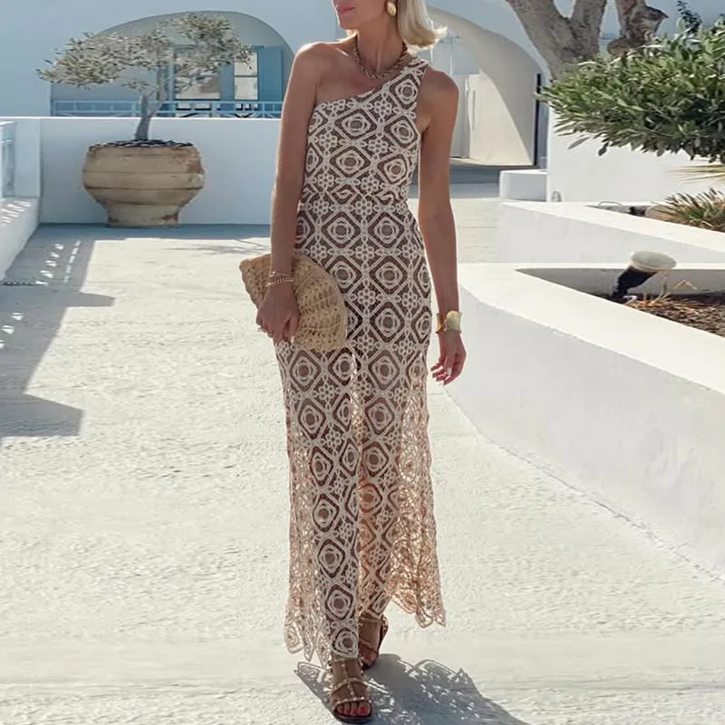 Robes pour femmes printemps nouvelle épaule inclinée dos nu Jacquard robe longue été creux sans manches imprimé dentelle tricot robe au Crochet