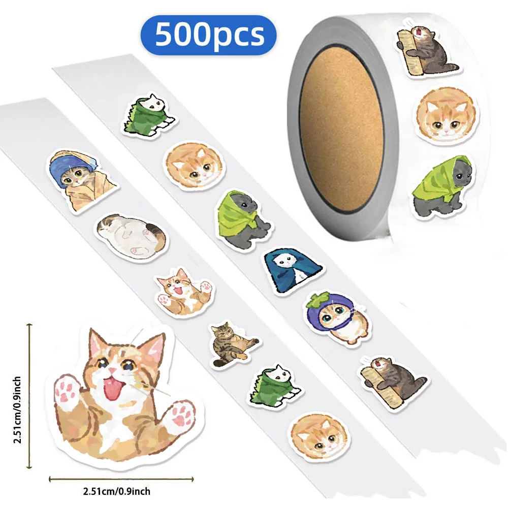 500PCS Creative Ten Different Cartoon Cat Roll Stickers Game Stickers DIY Gifts Sealed Label Decoration