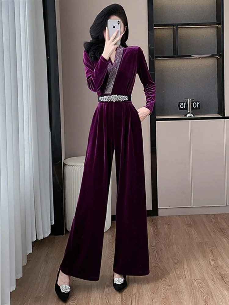 

La Chapelle Gold Velvet Faion Slimming Onesie Pants Spring Autumn Celebri Ele Wide Leg Slimming Onesie