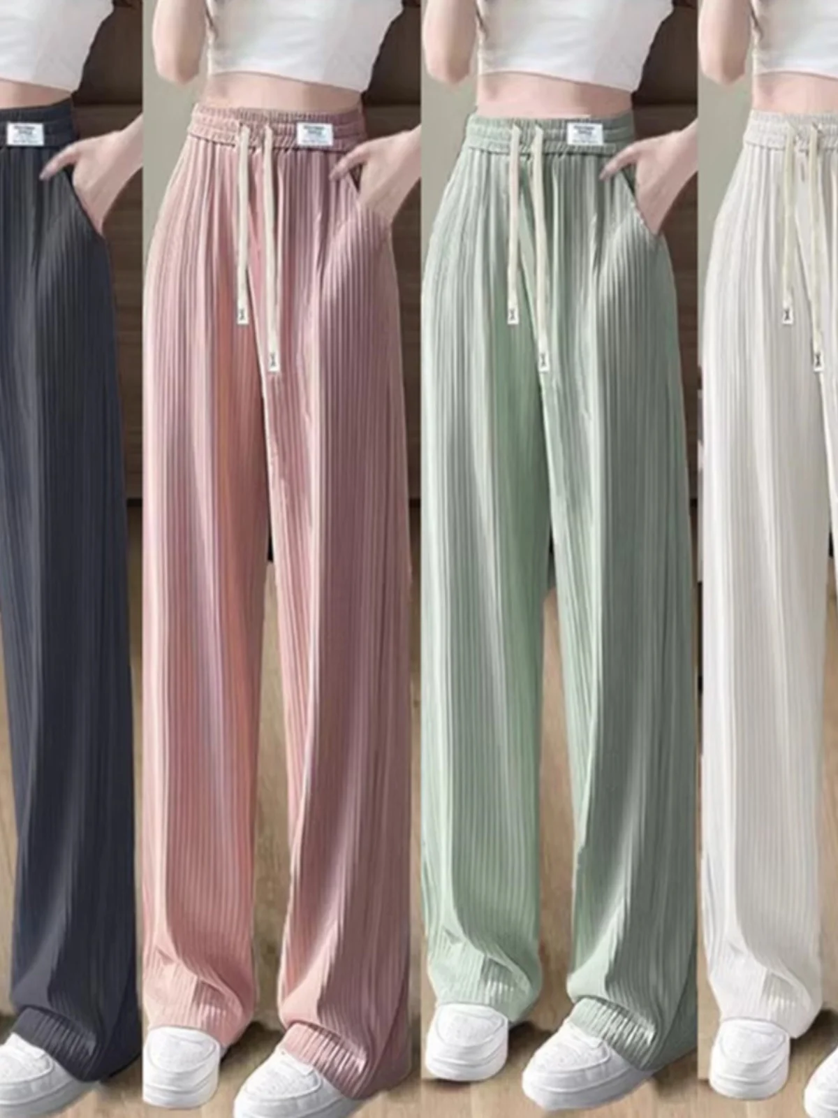 Ice Silk Wide Leg Pants Women's Summer Thin New Hanging Sensation Small Casual Summer Cool Narrow Version Straight Leg Pants