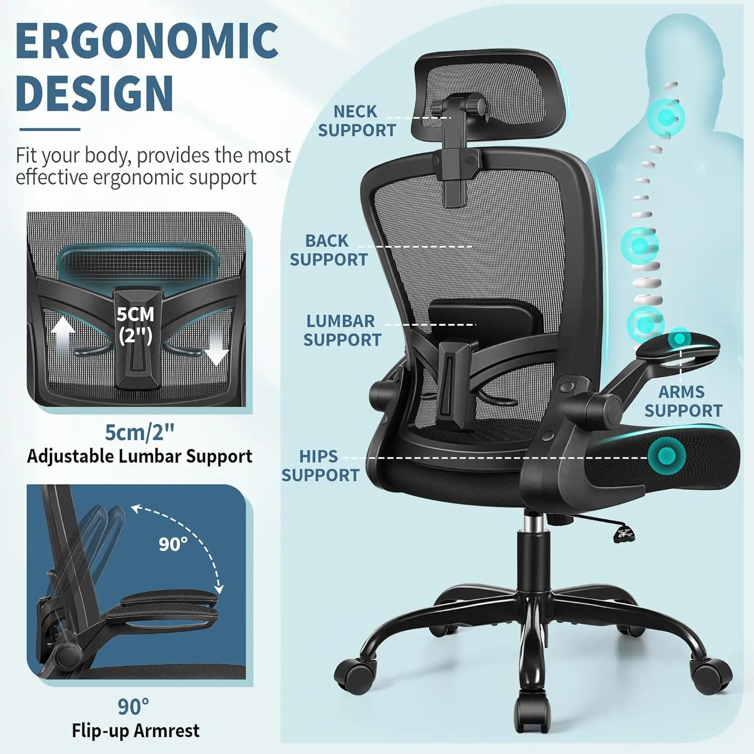 Ergonomic Office Chair, Headrest Desk Chair with Adjustable Lumbar Support, Home Office Swivel Task Chair with High Back