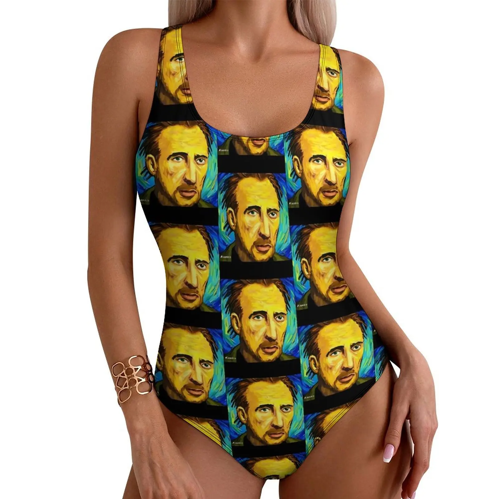 

Николас Кейдж Портаит Купальник Ван Гог Стиль Цельный Купальник Push Up Стильное Монокини Сексуальная Серфинг Графическая Пляжная Одежда