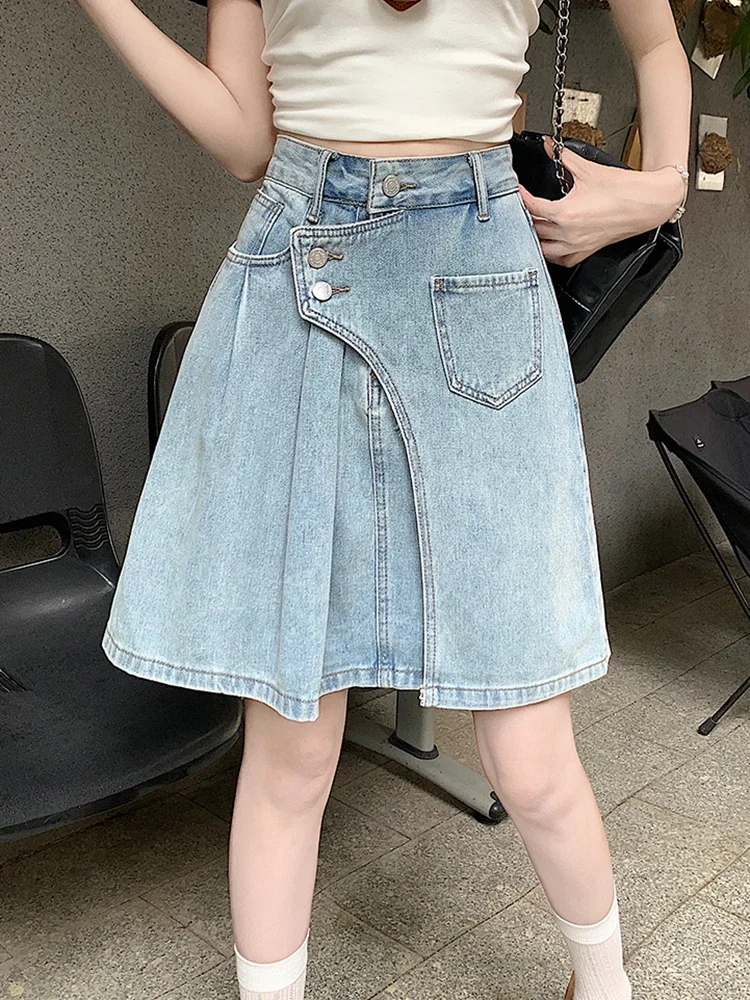 

Vintage Summer Midi Denim Skirts For Woman Loose Streetwear Y2K Plus Size Jeans Skirt Women A-line Crossed Pleated Faldas Largas