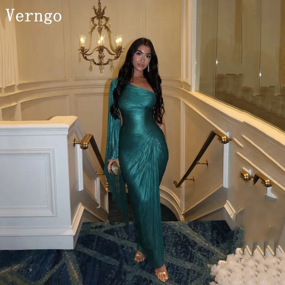 

Вечернее платье Verngo из зеленого блестящего шифона, на одно плечо, А-силуэт, плиссированное, для торжественных случаев, современное макси-платье для выпускного, на заказ