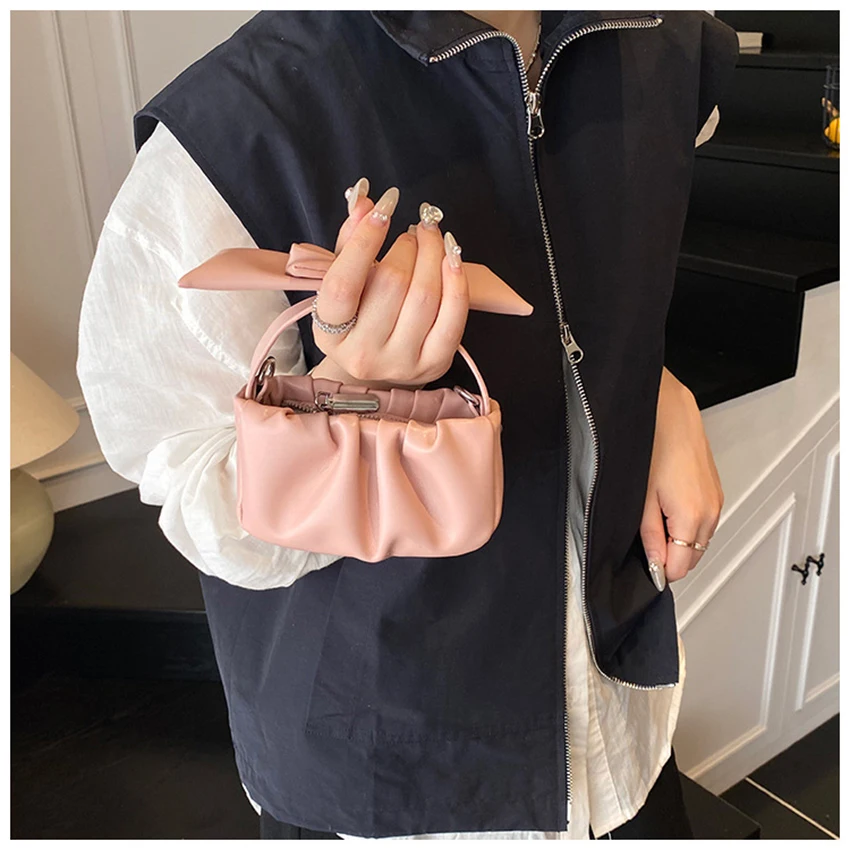 

Women Leather Pleated Mini Bag Spring Summer Solid Color Zipper Bow Handbag Korean Casual Fashion Sweet Female Purse