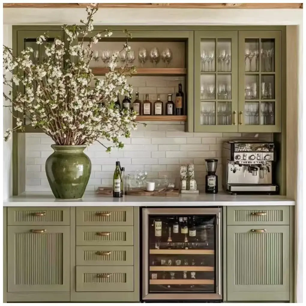 CBMmart Fancy Modern Green Shaker French Kitchen Cabinet Lacquer Acrylic Door Panel Hinge Glass Shelves Melamine Board Furniture