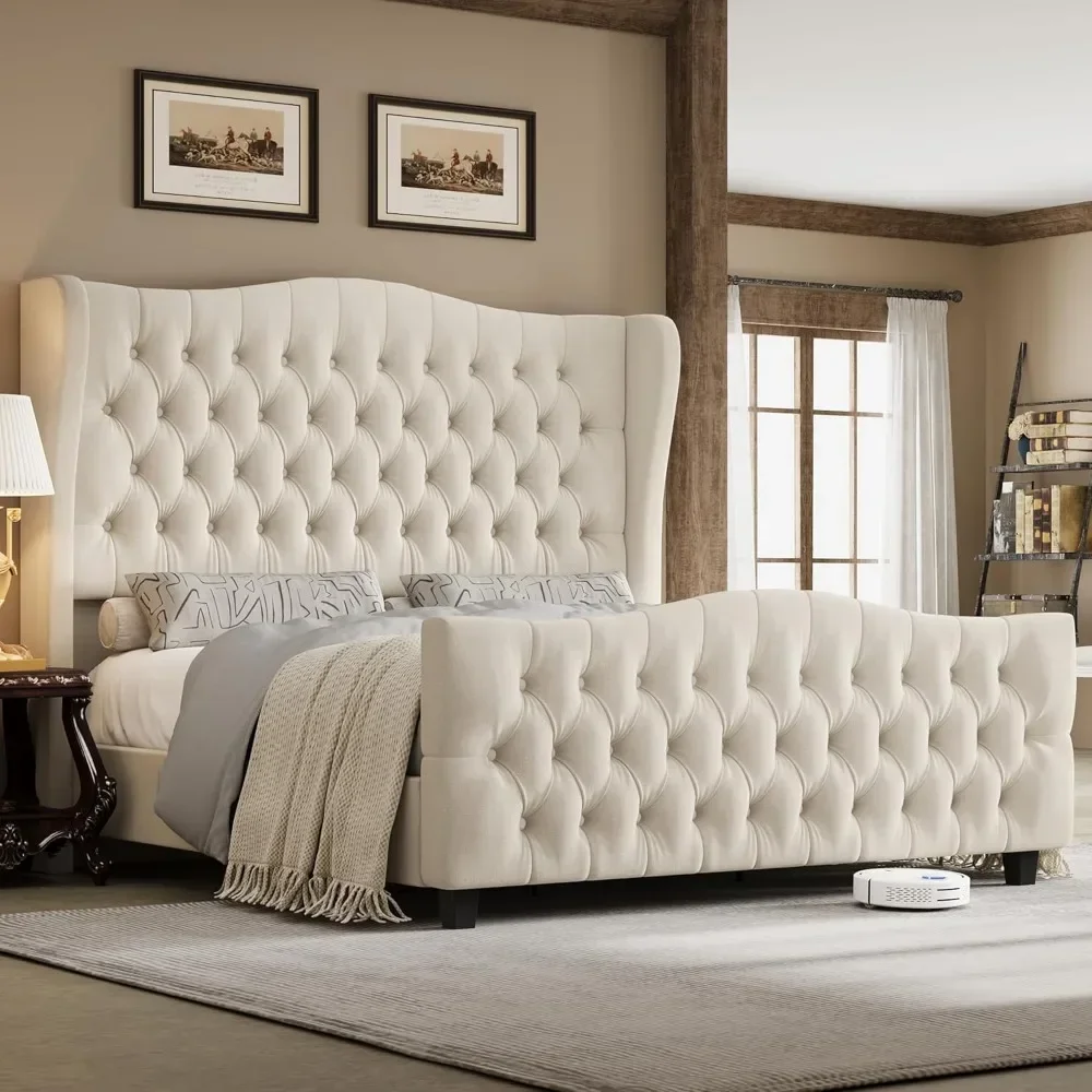 Bed Frame with Deep Button Tufted Wingback Headboard and Footboard, Velvet Upholstered Bed Frame with Handmade Pleats