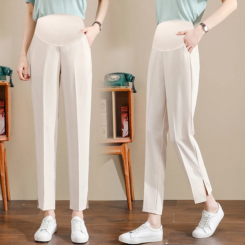 Calça da barriga para mulheres grávidas, roupa de trabalho para gravidez, elegante calça formal, moda preta, verão 2024