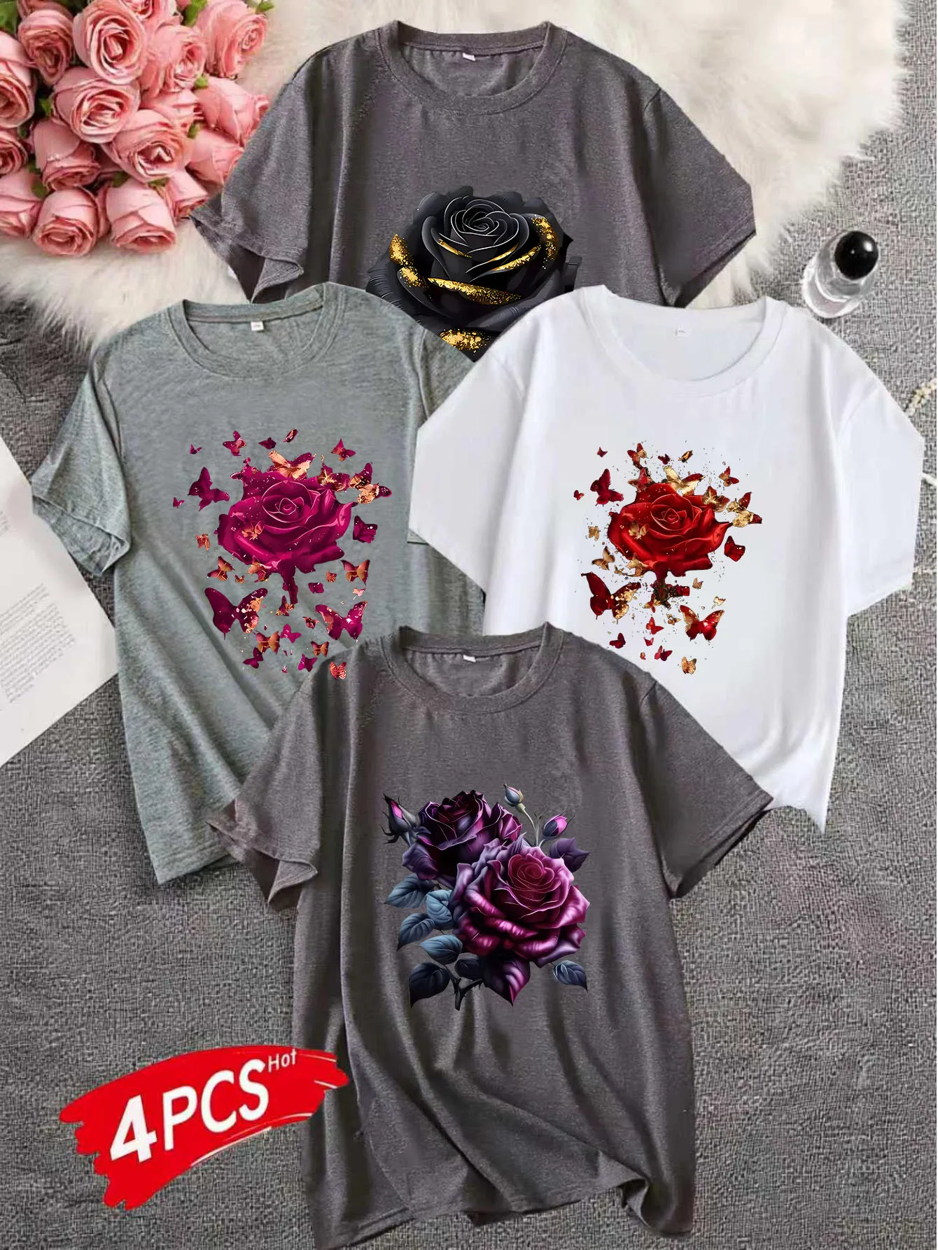 

（4pics）Women's Large Size 1-7XL Printed round Neck Short Sleeve T-shirt Comfortable Casual Top in European Style