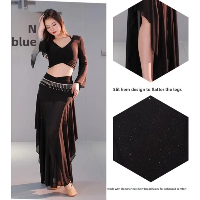 

Belly Dance Practice Set 2 Piece Flowy Chiffon Top Mesh Skirt Sexy Oriental Dancewear Training Stage Performance