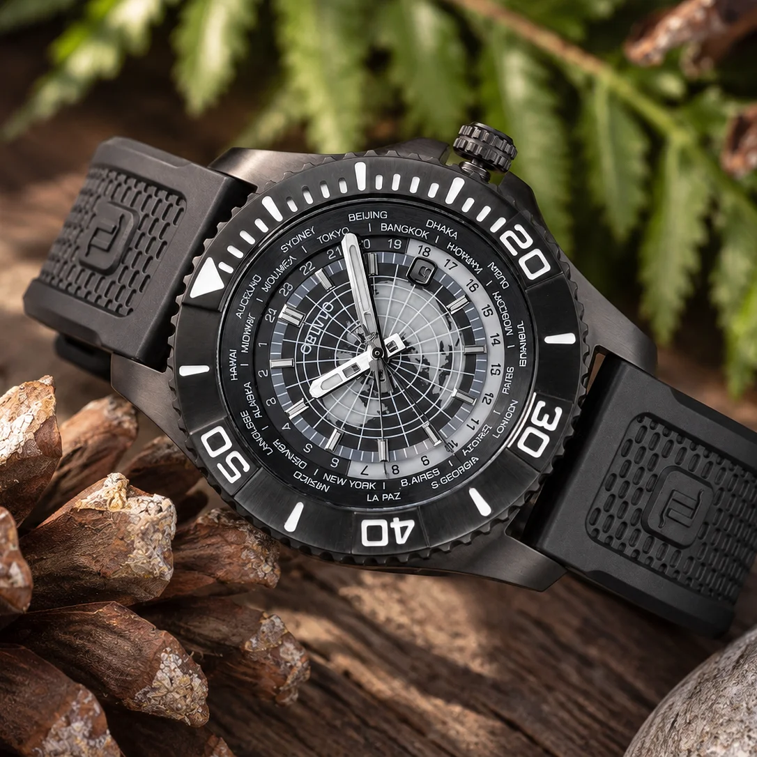 OBLVLO Men's Black PVD Military Watch Automatic Mechanical Timepiece with World Time Sapphire Crystal Super Luminous Hands BM