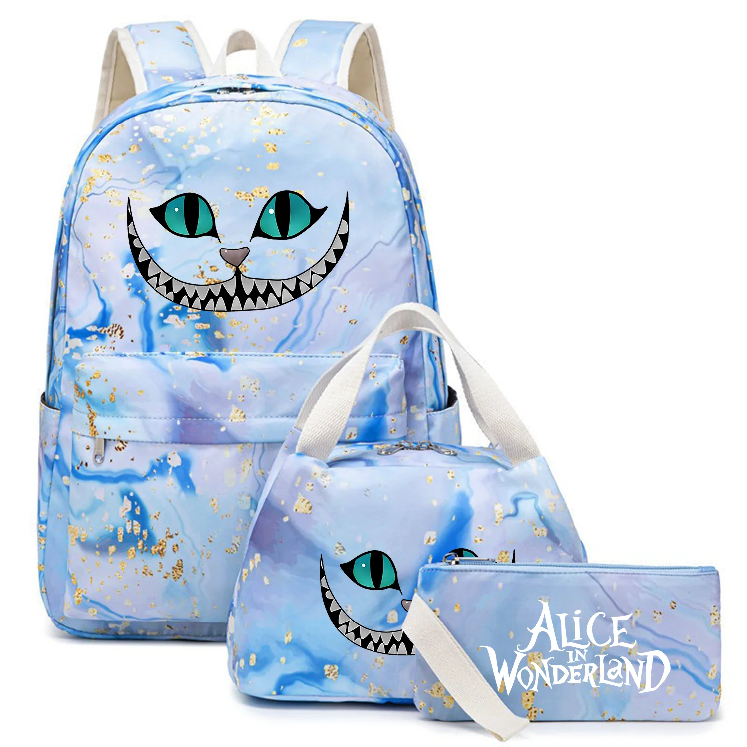 3Pcs Alice in Wonderland Kids Backpack Capacity Student Schoolbags Double Shoulder Bag Pen Lunch Bags Bookbag Laptop Sets