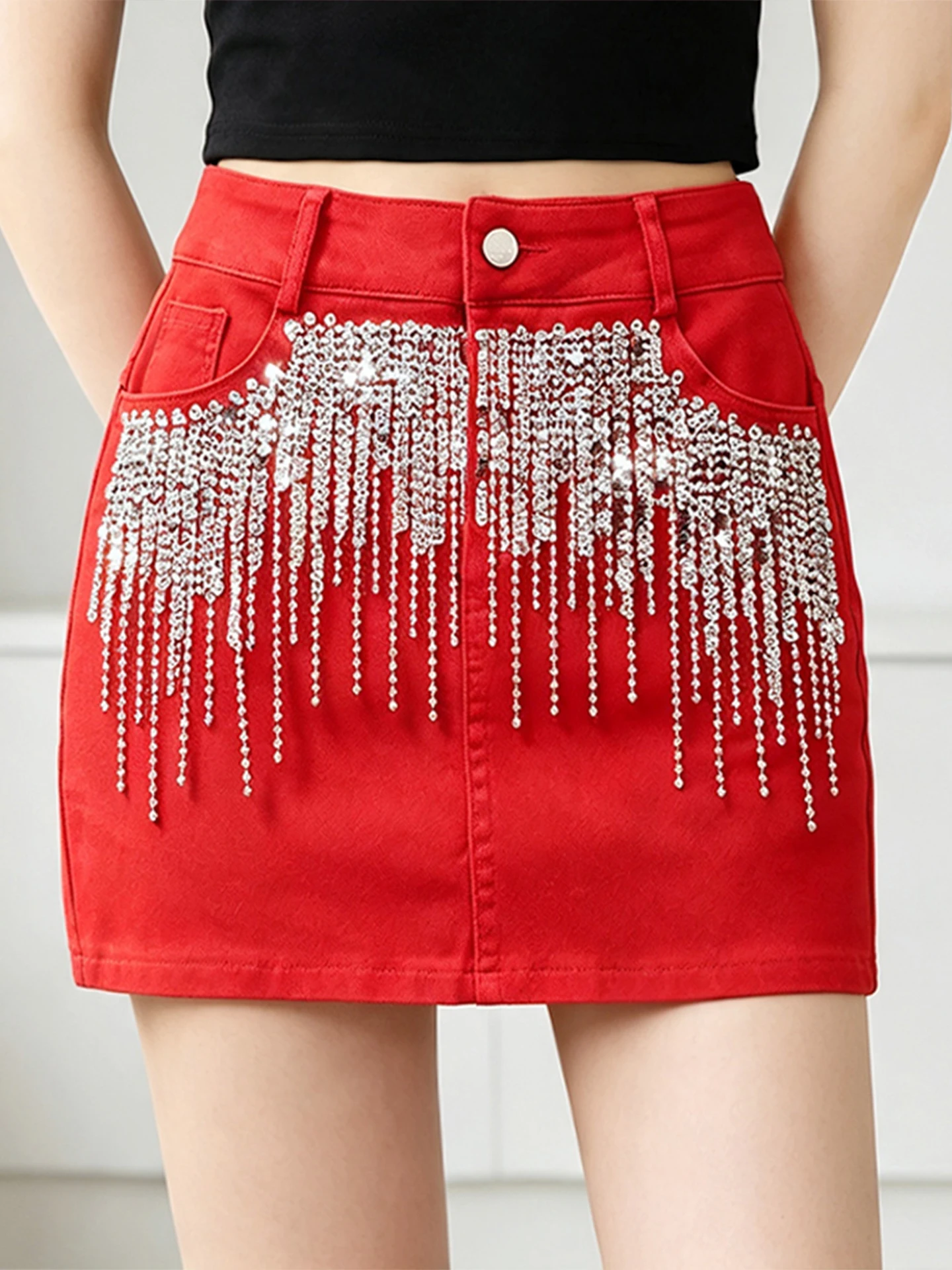 Fashionable High Waist Fringed  Skirt with Sequin Chain for Women Slimming Design Includes Safety Pants Anti-static Cotto...