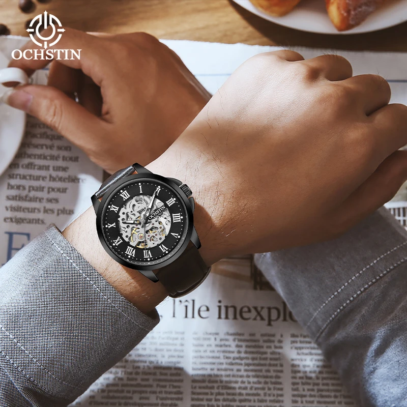 

Мужские наручные часы OCHSTIN с минеральным закаленным стеклом, ремешком из натуральной кожи, скелетонизированным механическим механизмом, модные, роскошные