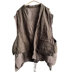 Cotton Linen Vests Spring Designal Tanks Tops Women Vintage Sleeveless Blouse Casual Irregular Lace up Fake Two Stitched Blusas