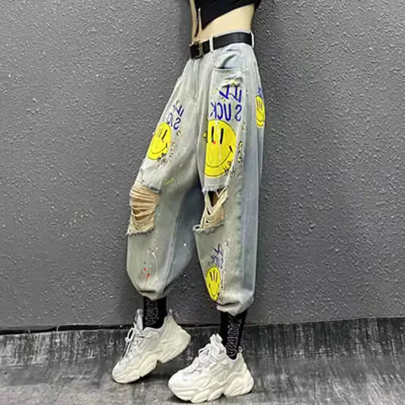 

Джинсы Harlem, женские утягивающие девятисекционные модные осенние новые шаровары с принтом в европейском рынке