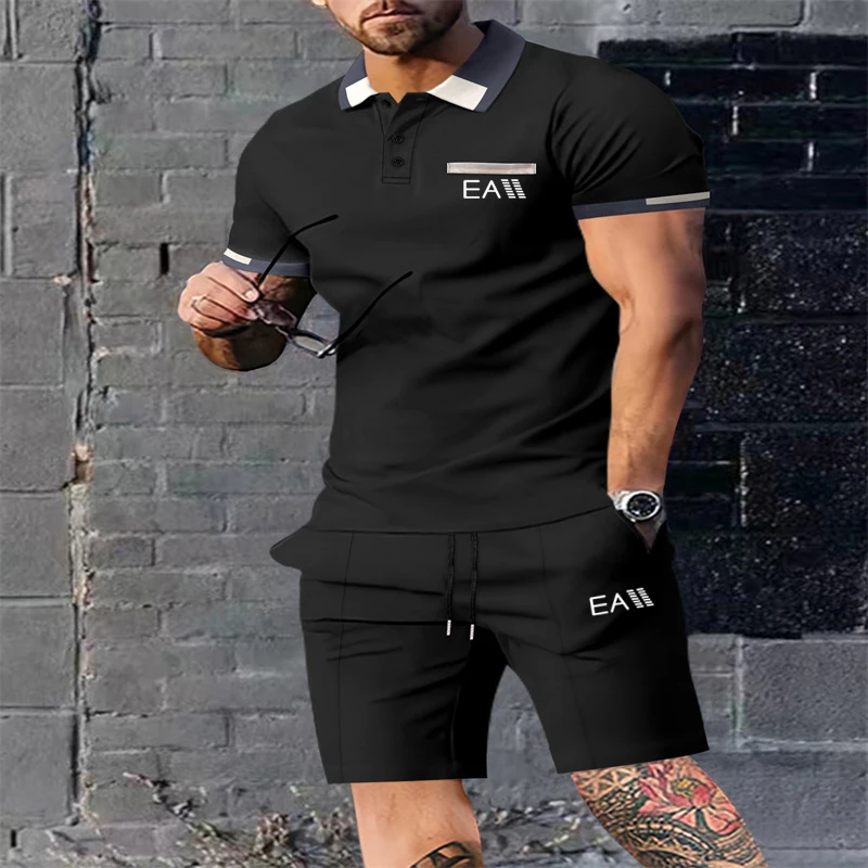 New Summer polo suit men\'s Solid breathable short sleeve top and pants Polo shirt Men\'s stylish lapel men\'s casual T-shirt short