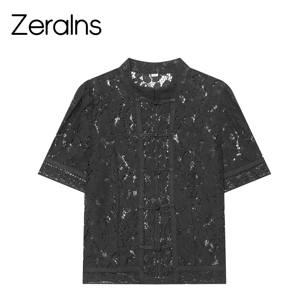 ZERAINS Summer new women's buckle waist cinching lace hook flower versatile stand up collar short sleeved shirt