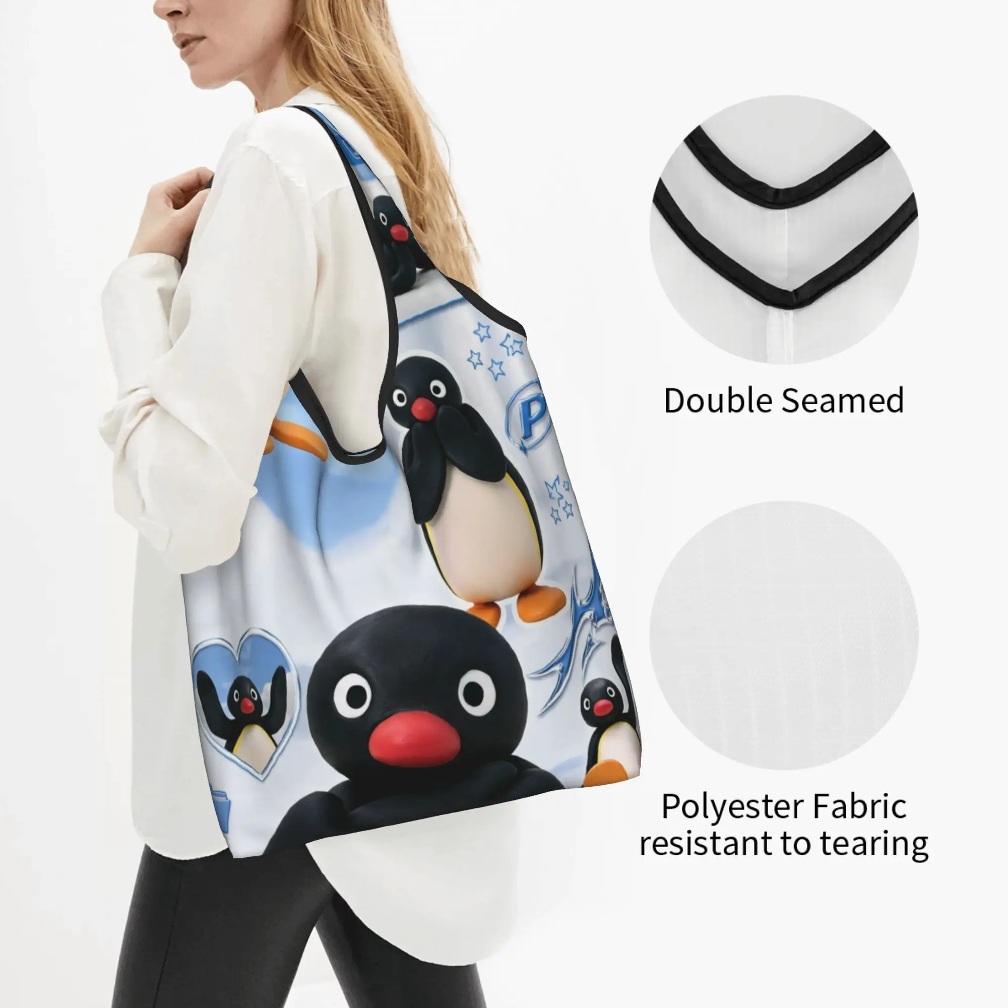 Penguin Cartoon Manga Groceries Tote Shopping Bag Women Kawaii Classic Shopper Shoulder Bag Large Capacity Handbags