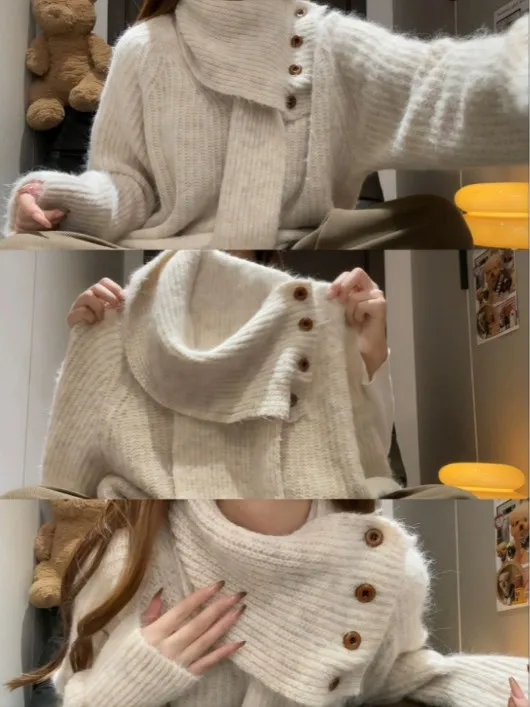 

Korean High-End Lazy High Ne Sweater Women's Autumn Winter Overhead Detachable Scarf Outerwear Inner Match Knitted Top
