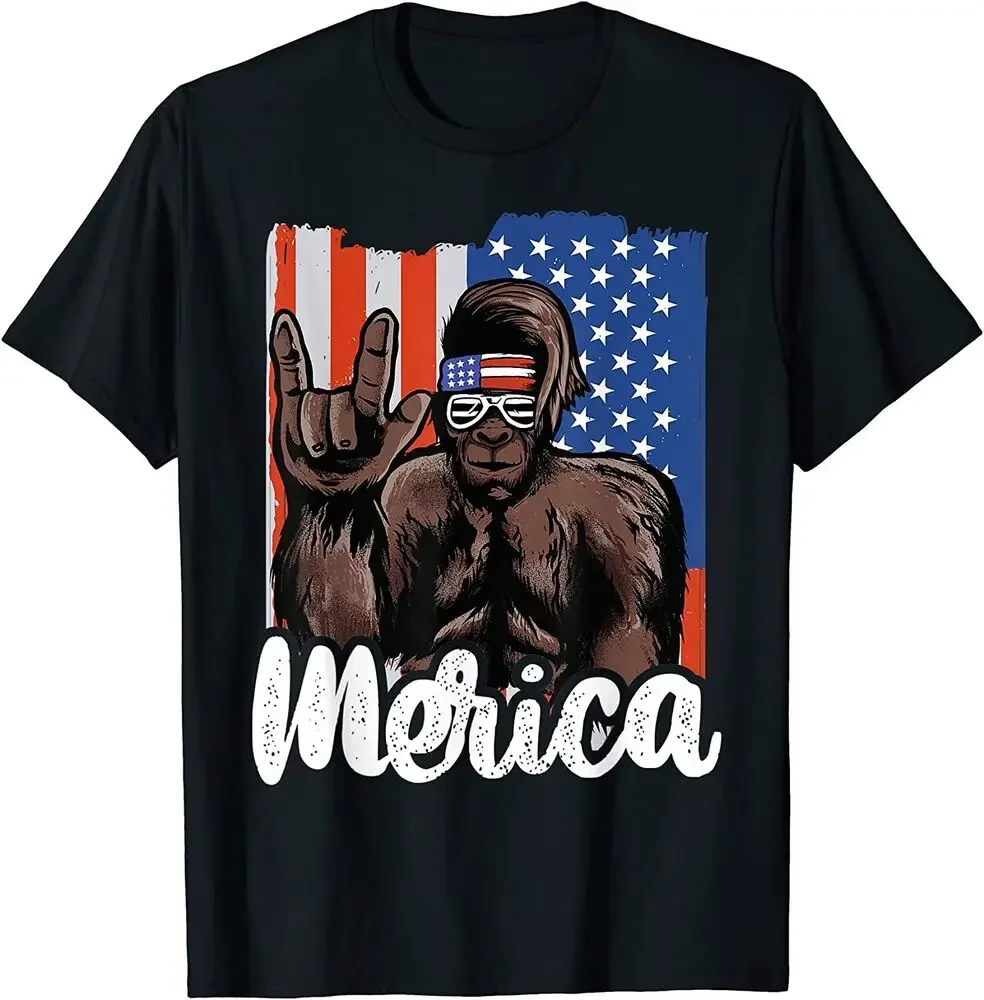 NEW Bigfoot 4th Of July American Flag Independence Day ASL T-Shirt   Tees Y2K tops Unisex Summer Short Sleeve