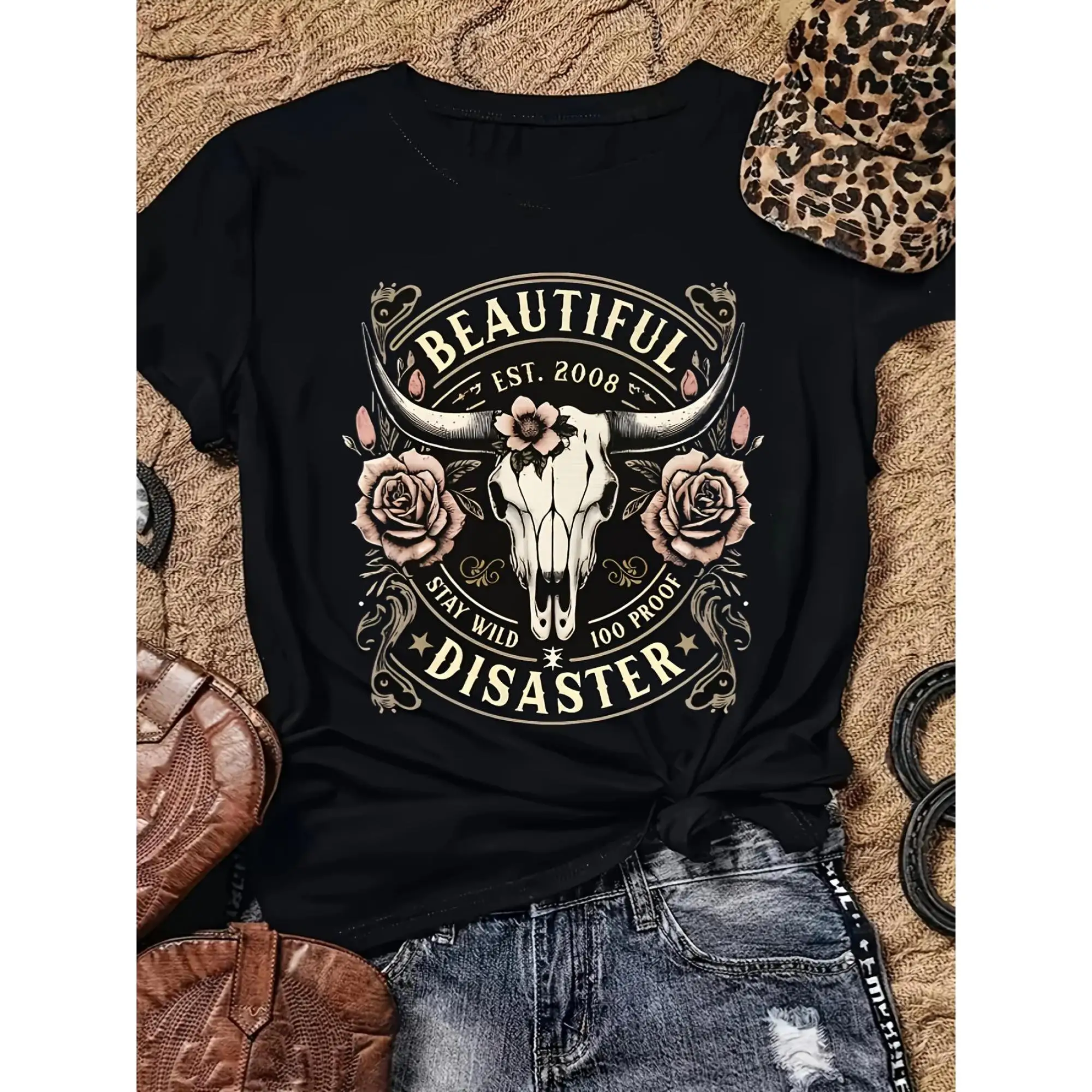 

Women's Western Cowboy Graphic T-Shirt - Black Short Sleeve Crew Neck Top with Bull Skull & Floral Design, "" Vintage 2008 Text