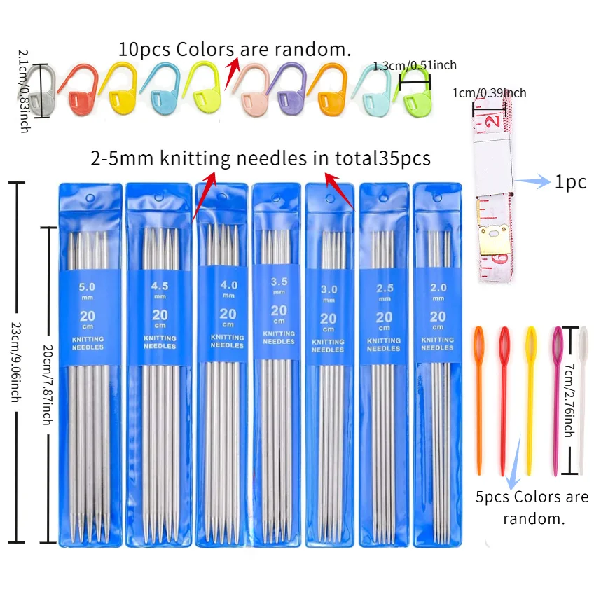 20Cm/7.87Inch Double-Ended Stainless Steel Needles, Including 2/2.5/3/3.5/4/4.5/5.0 Mm, with 1 Ruler, 10 Marking Clips, 5 Plastic Large-Eye Needle Accessories, Knitting Needle Set Suitable for Beginners, Socks, Gloves, Cuff Knitting Needles