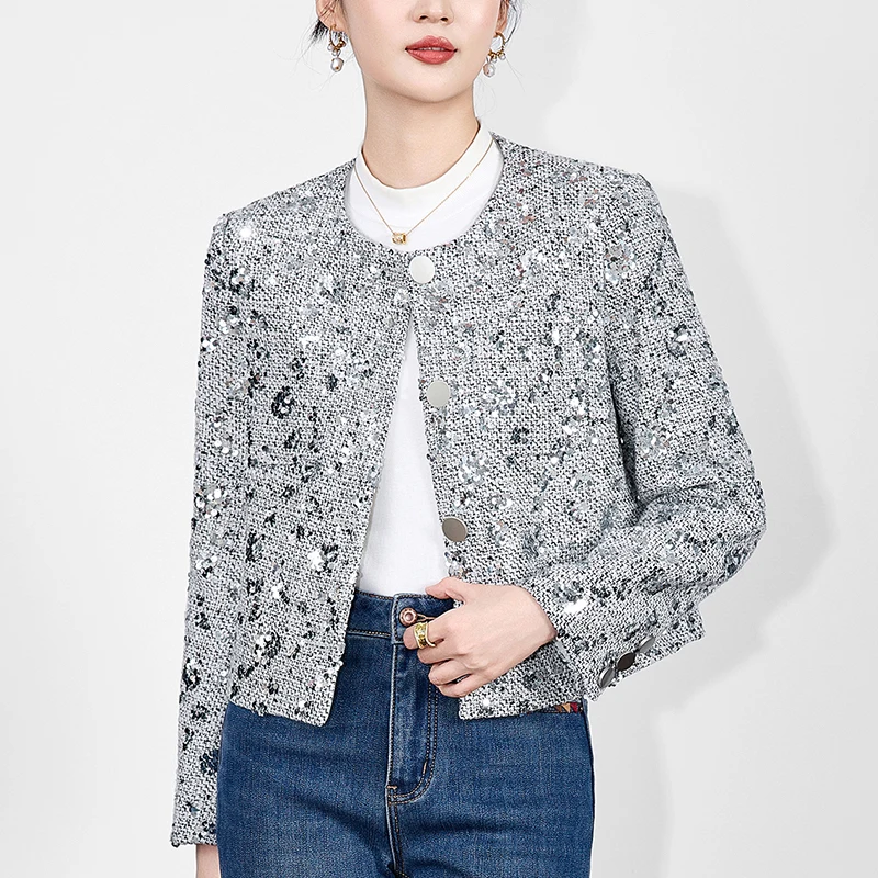Elegant Fashion Jackets for Women 2025 Winter Coats Sequins 30% Wool Women's Tweed Jacket Long Sleeve Office Lady Short Coat