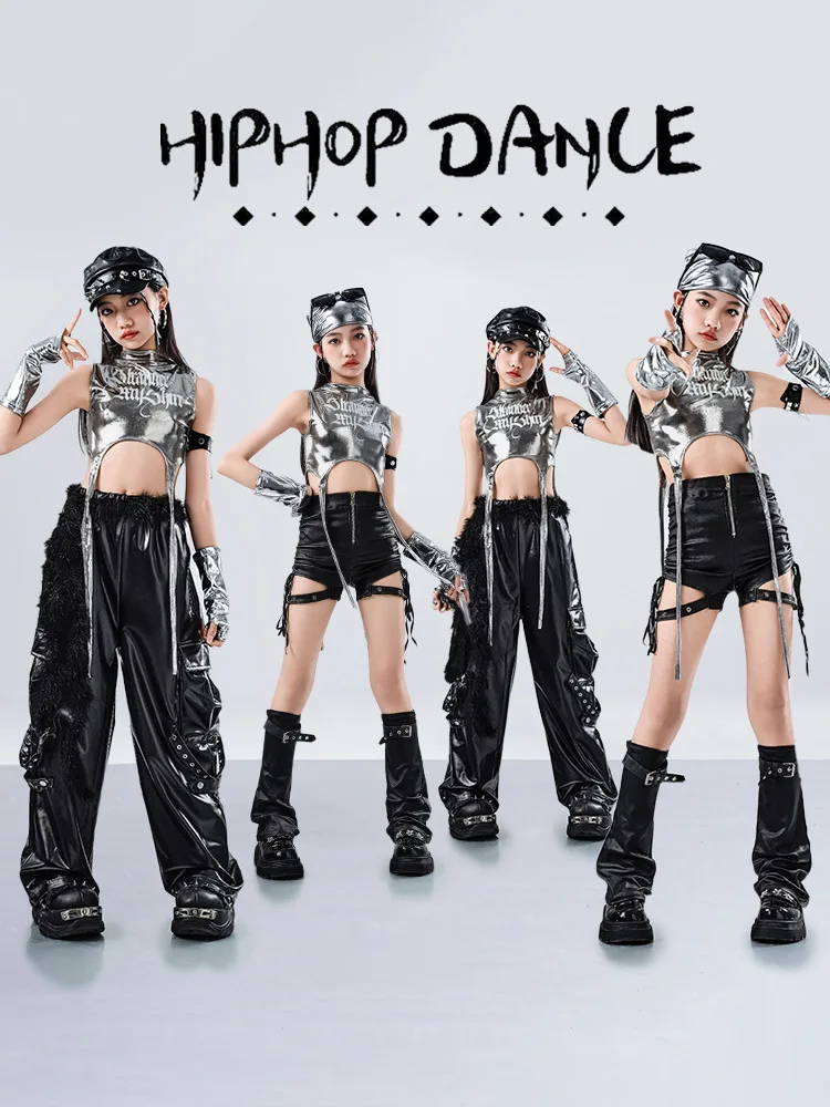 Set Hip Hop per ragazze K-pop Nastro argento Crop Top Pantaloni in pelle da ballo di strada Bambini Streetwear Costume da jazz per bambini Vestiti di gruppo per ragazze