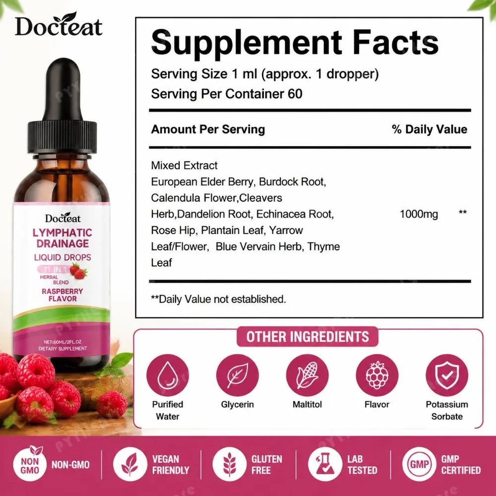 Docteat Lymphatic Drainage Liquid Drops, 1000mg 11-in-1 Herbal Blend, Lymph Flow & Fluid Balance Support, Raspberry, Vegan, 60ml
