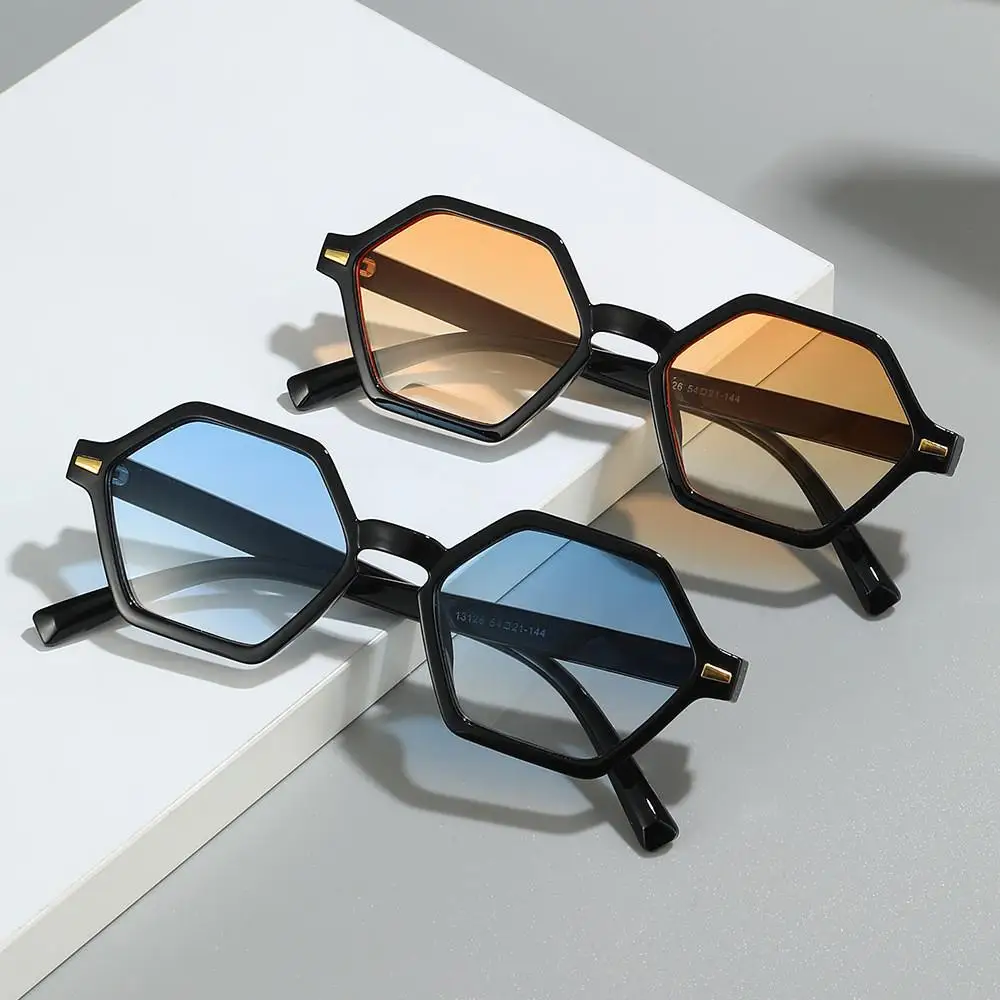 재미있는 육각형 소형 프레임 선글라스, 힙합 스타일, UV400 리벳 장식, 음영 레오파드 블루 안경, 남녀 공용