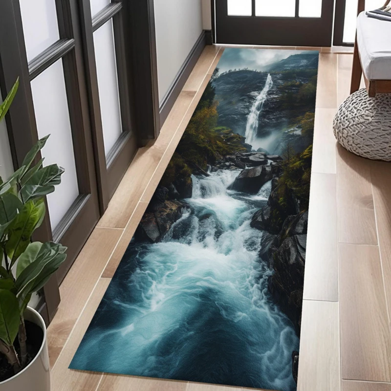 Mountain Waterfall River Scenery Graphics Runner Rug,Entryway,Laundry Room,Sofa Side,Non Slip Runner Rug,Nature Decor Present