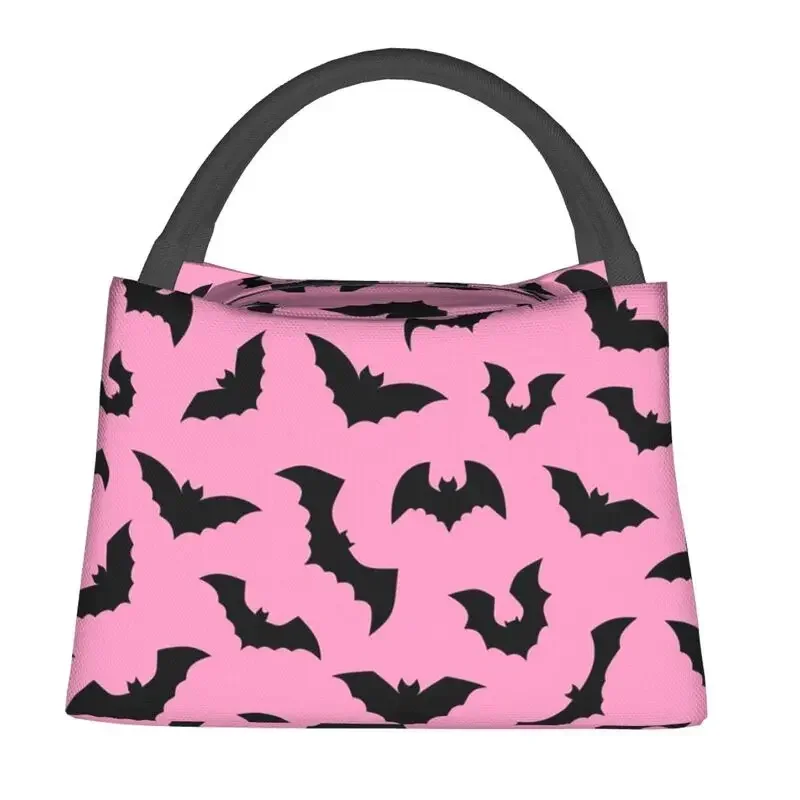 Pastel Goth Pink Black Bats Portable Lunch Box for Women Leakproof Halloween Witch Thermal Cooler Food Insulated Lunch Bag