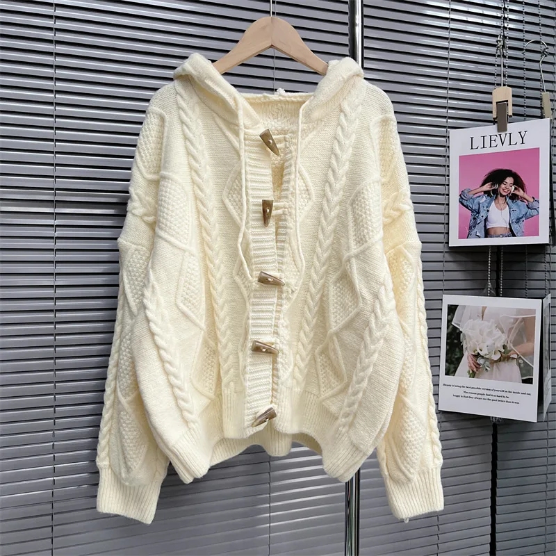 2024 Autumn New College Style Cow Horn Buckle Lazy Knitted Cardigan Soft and Sticky Sweater Jacket for Women