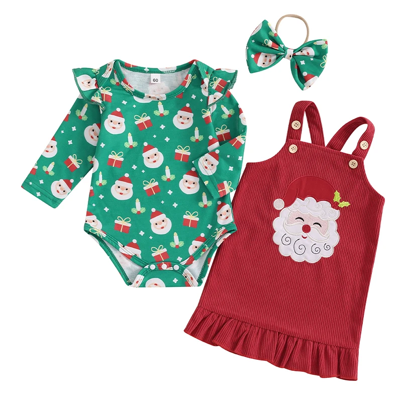 Baby Girl Christmas Outfits Santa Gingerbread Man Print Long Sleeve Romper Overalls Dress Headband 3Pcs Clothes Set