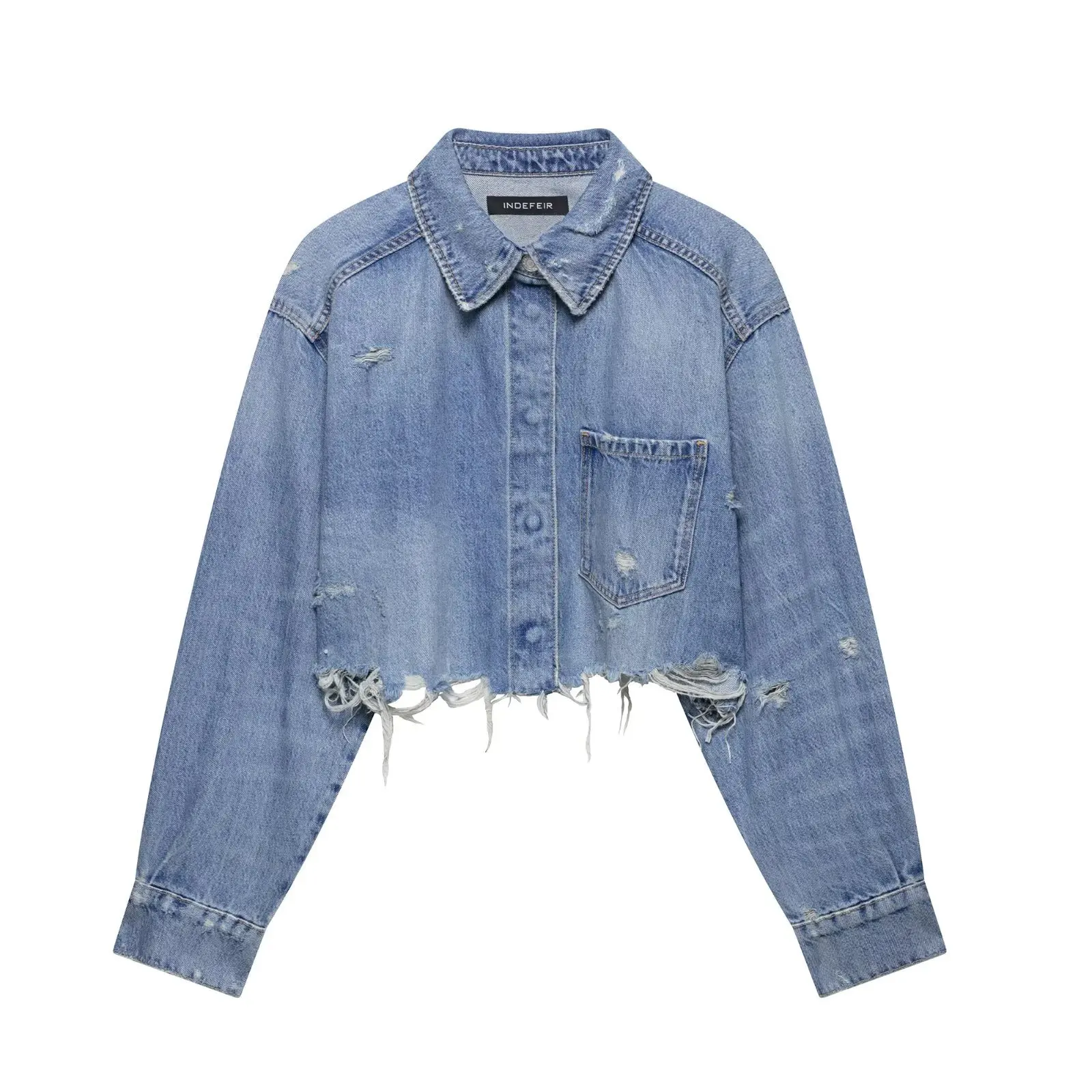 

KIDCRKJ Blue Women Spring Coat Drop Shoulder Loose Short Female Denim Jacket Vintage Lapel Pocket Single Breasted Lady Jean Coat