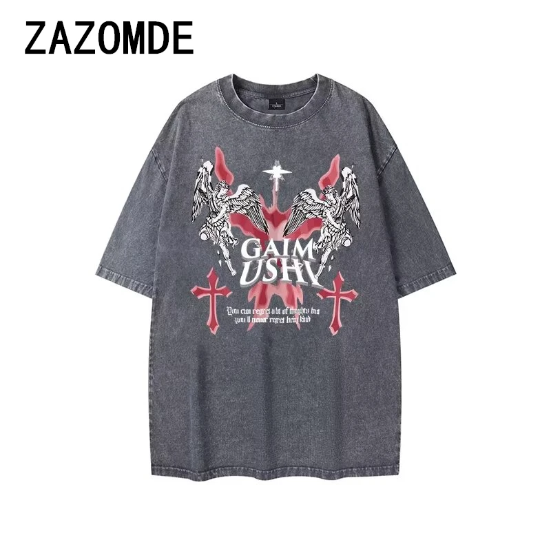 ZAZOMDE Hip Hop Streetwear Washed T  Letter Print T-Shirt 2022 Men Harajuku Cotton Casual Tshirt Summer Short Sleeve Tops Tees