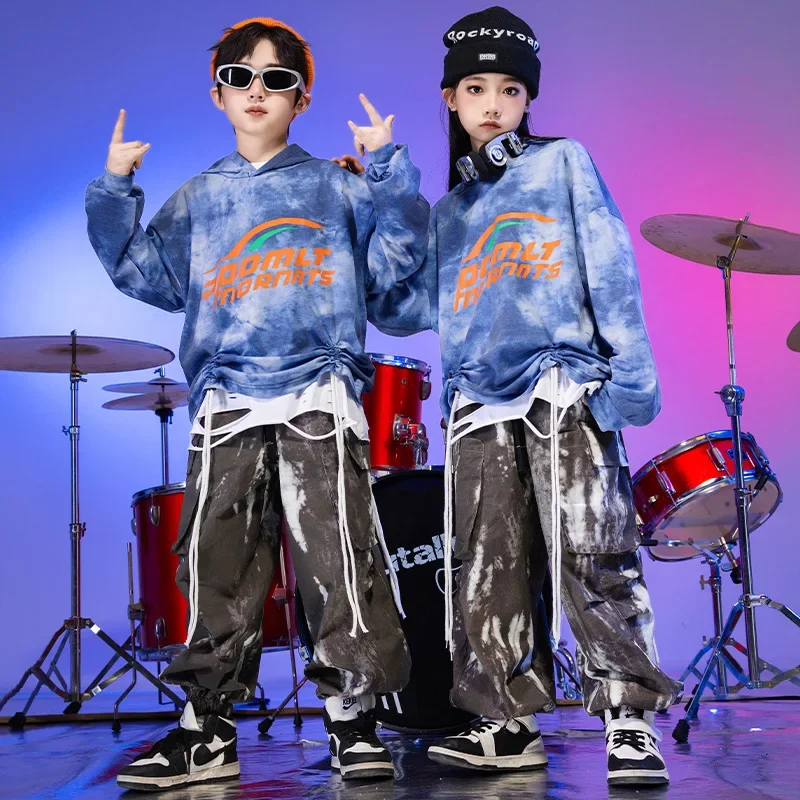 Boys' hip-hop rehearsal clothes blue tie-dye long-sleeved T-shirt phat pants children's drum set costumes outdoor sportswear