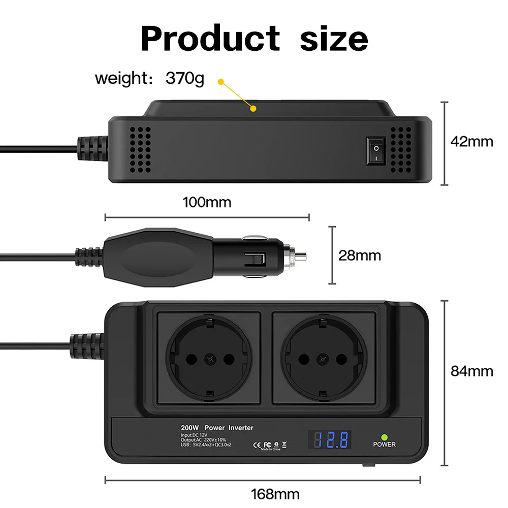 200W vehicle inverter, converting 12V DC to 220V AC, featuring two power sockets and four QC3.0 35W USB ports.