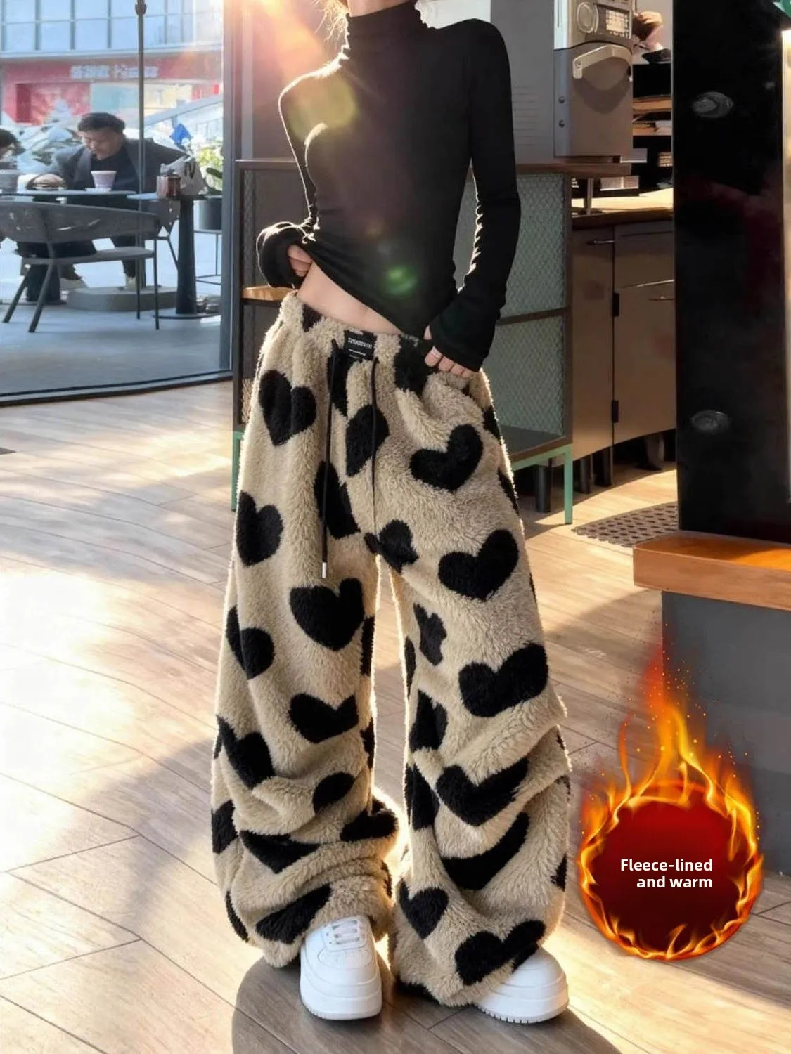 High Waist Wide Leg Pants Women's Loose Casual Thickened Fleece Double-sided Velvet Heart Patterned Leisure Long Trousers